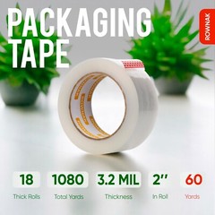 ROWNAK Clear Packaging Tape 12rolls–3.2mil Thick, 2.0 inches Wide,60 Yards Roll