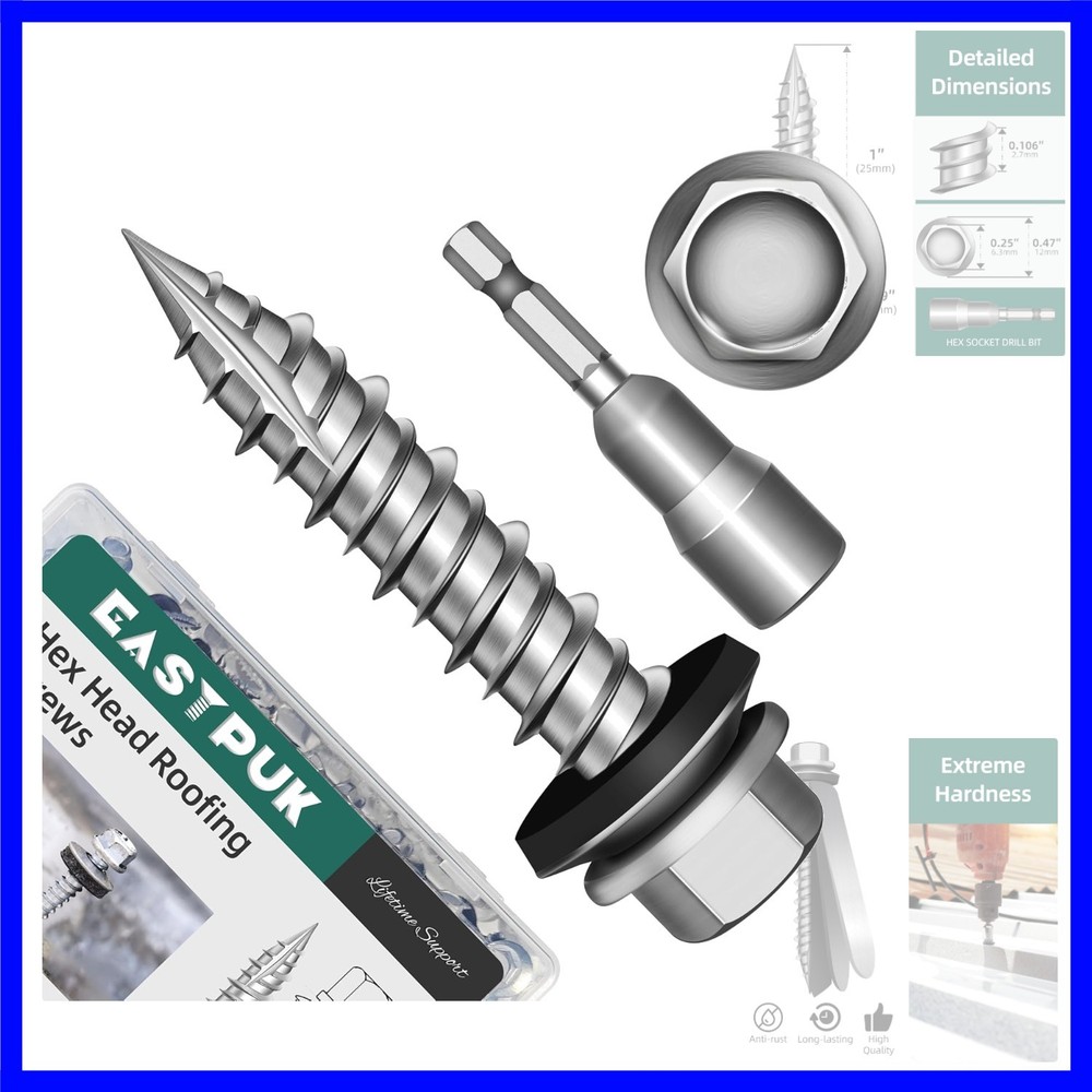100Pcs x 1 Inch Hex Head Metal Roofing Screws, Hex Head Metal Roof Screws wit…