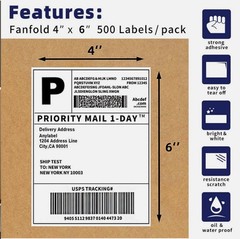 4″x6″ Fanfold Direct Thermal Shipping Labels for Zebra and Rollo 500 PCS