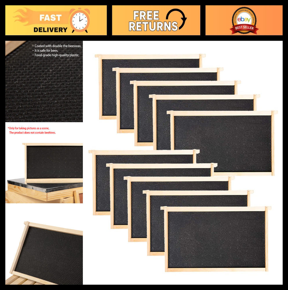 Deep Brood Box Bee Hive Frames & 100% Beeswax Foundation Sheets – 10 Pack