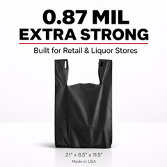 Bags 1/6 21 x 6.5 x 11.5 Heavy Duty .87 Mil BLACK T-Shirt Plastic Shopping Bags