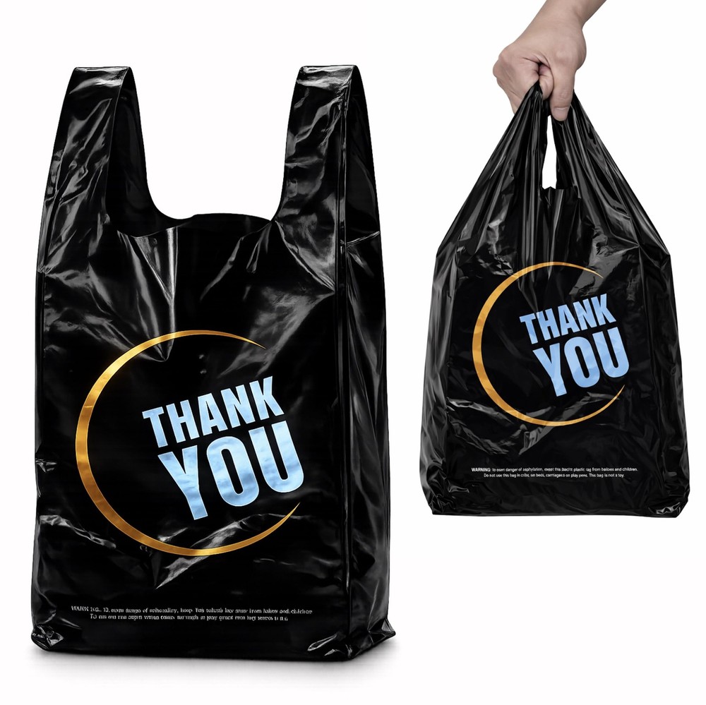 100 Count Plastic Bags – Black T Shirt Bags with Handle for Retail Shopping and
