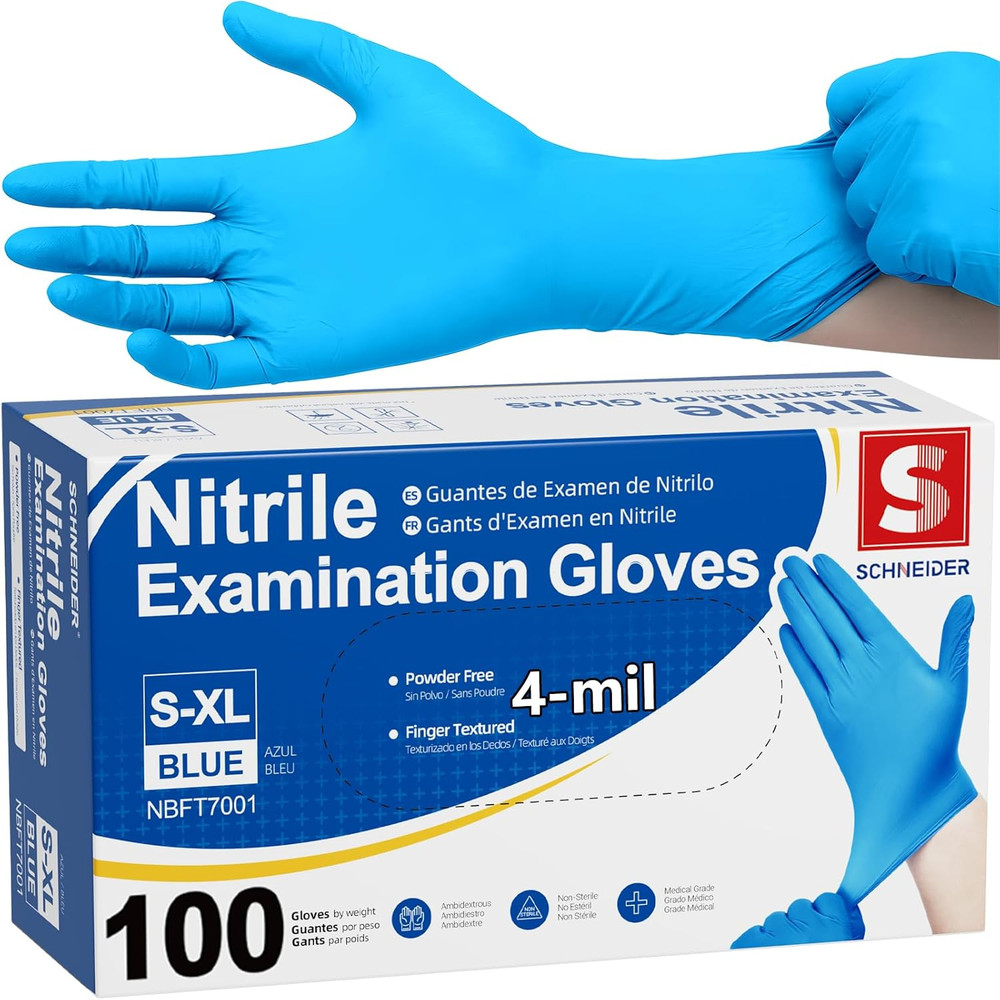 Schneider Nitrile Exam Gloves, Blue, 4 Mil, Powder-Free, Latex-Free, for Medical