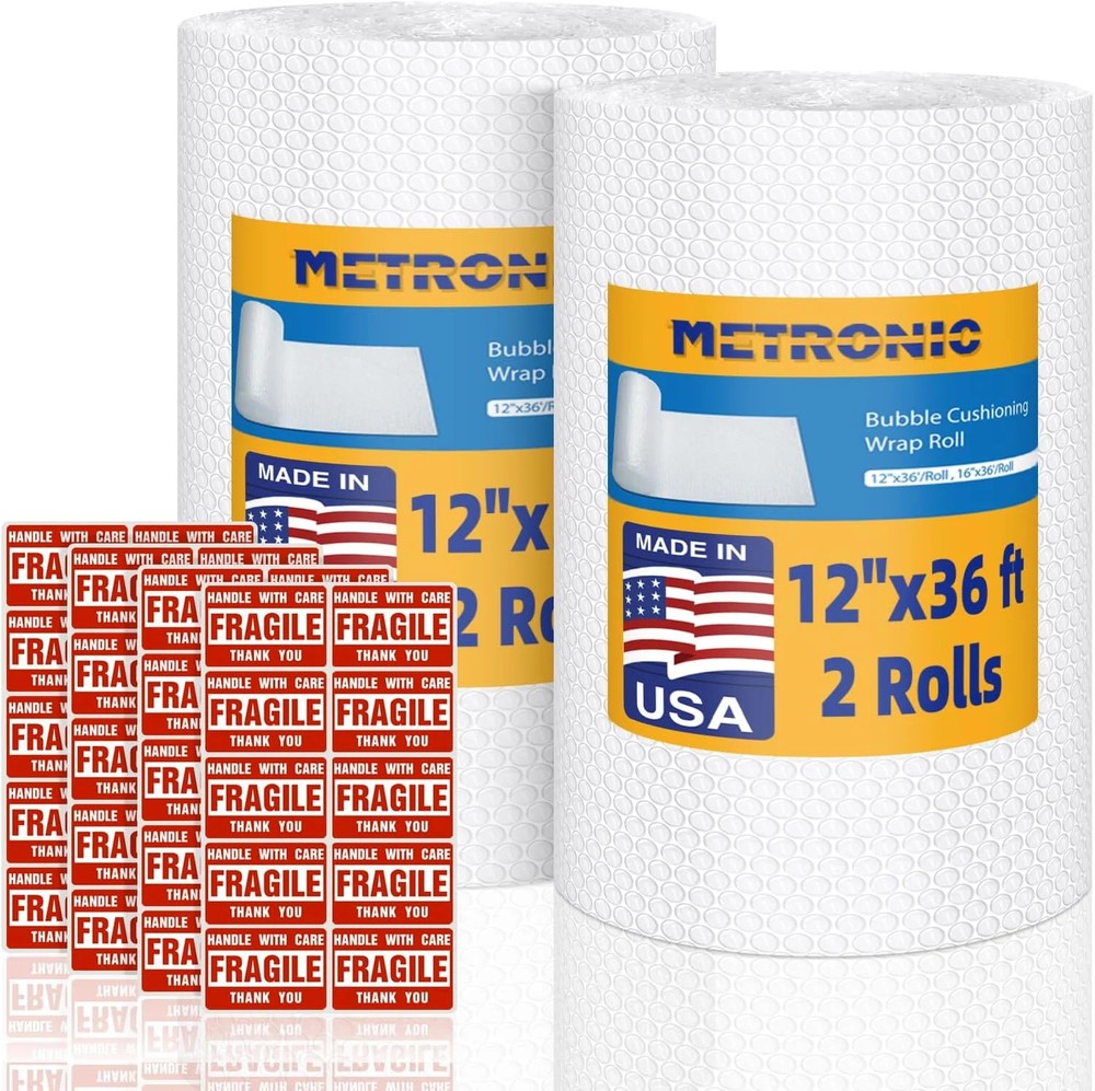 Metronic Bubble Cushioning Wrap 2 Pack 12 Inch x 72ft Total, Dense Bubble Packin
