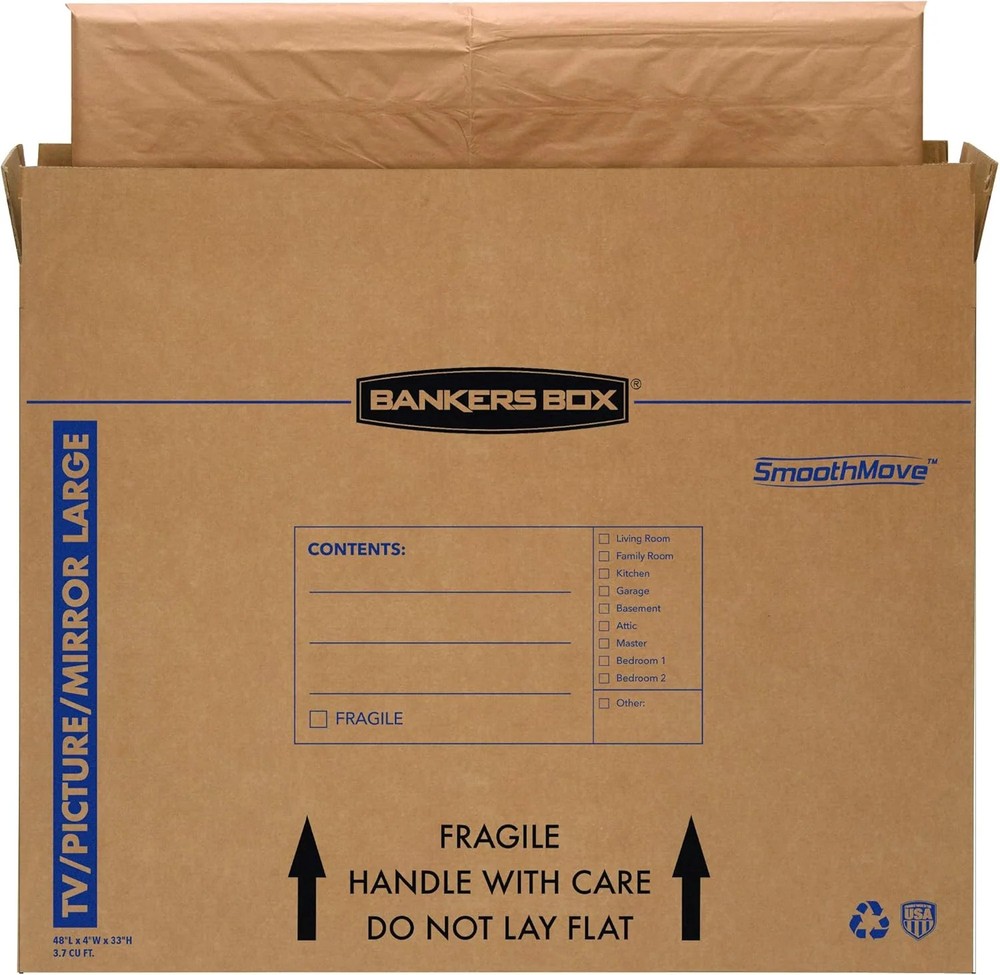 Bankers Box Large, Up to 55″ TV/Picture/Mirror, Moving Box 4 Pack, 48″ x 4″ x 33