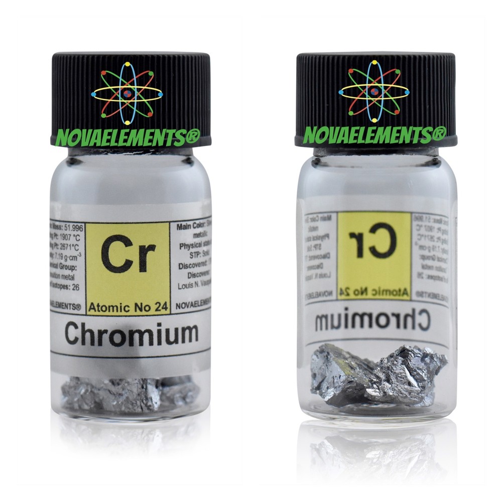 5 grams 99,8% Chromium metal element 24 Cr shiny pieces in labeled glass vial