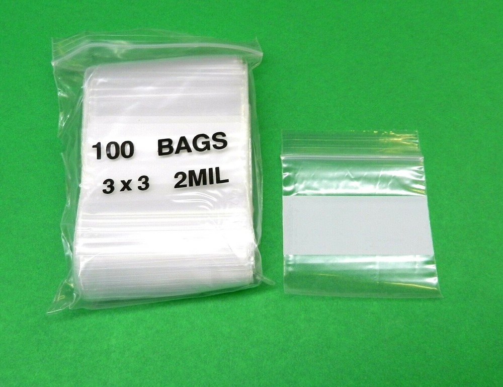 100 3×3 Zip Seal Lock Bags White Block 2mil Writeable Zip Slide Lock 3″ Square