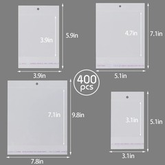 400Pcs Clear Plastic Self Sealing Bags with Hang Hole Resealable Large,