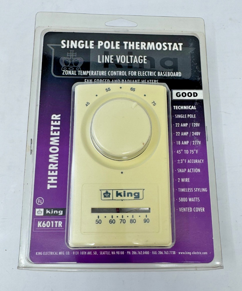 King Electric K601TR Single Pole Thermostat NEW