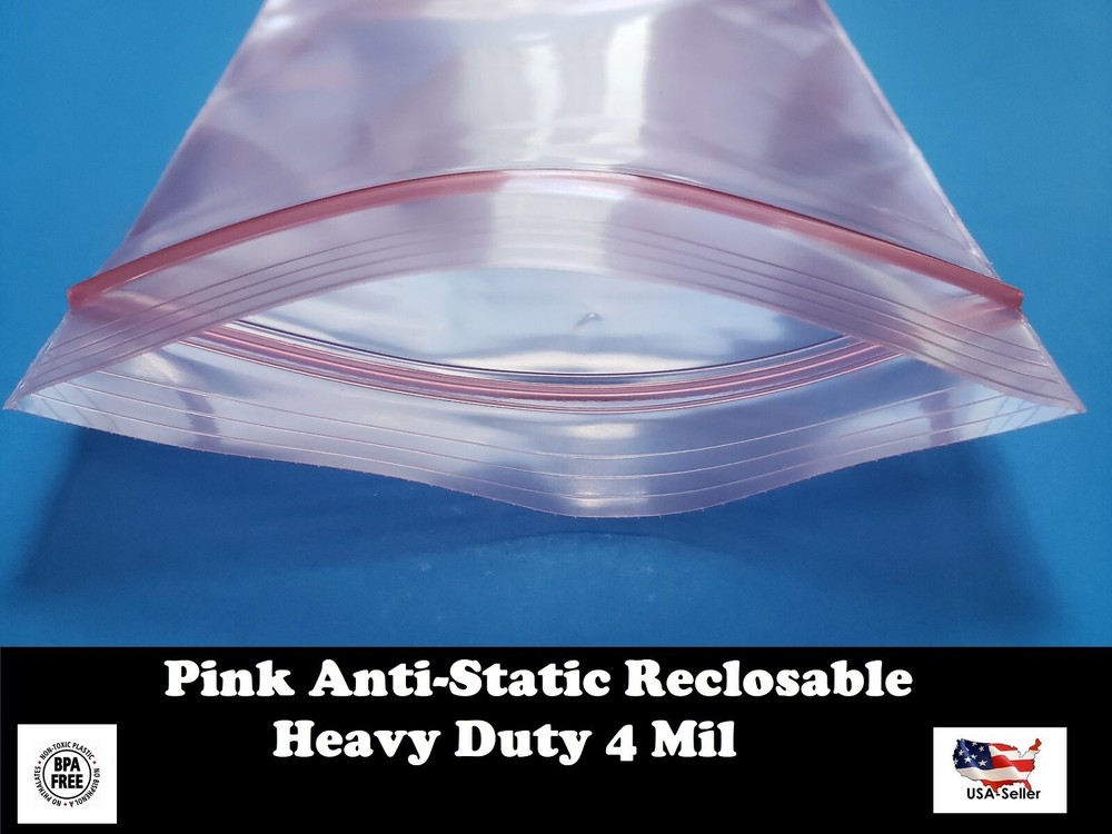 Anti Static Bag Pink Poly Zip Seal 4Mil Reclosable Lock Top 2x,3,5,6,8,9,12,13″
