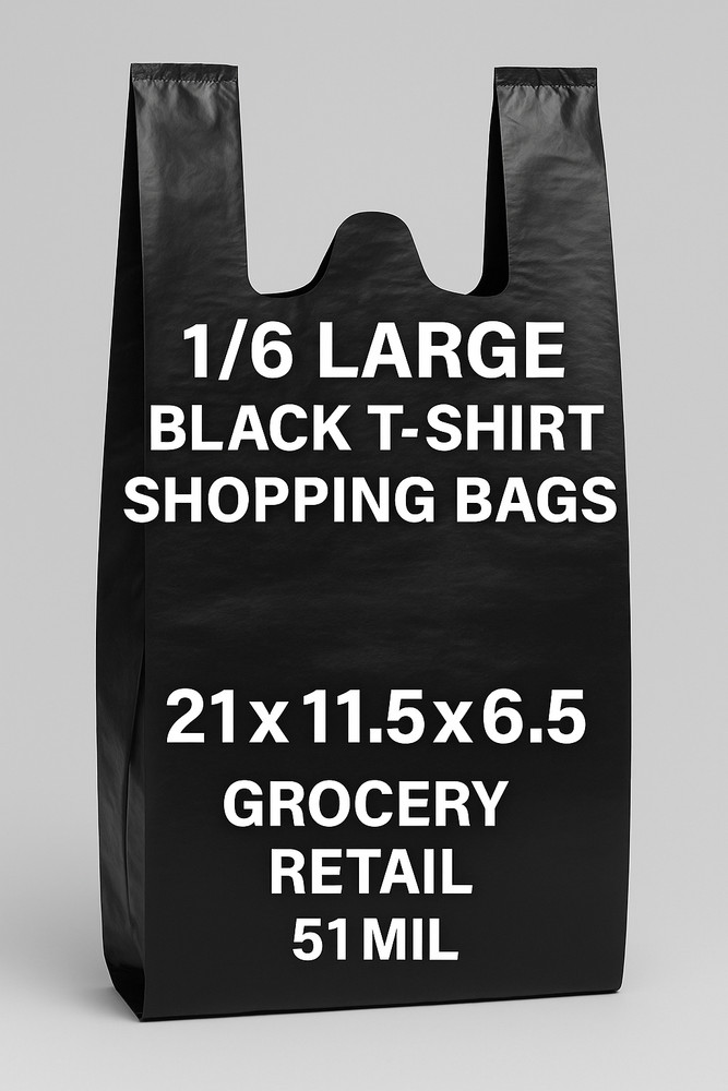“1/6 Large Black T-Shirt Shopping Bags 21×6.5×11.5 Grocery Retail .51mil”