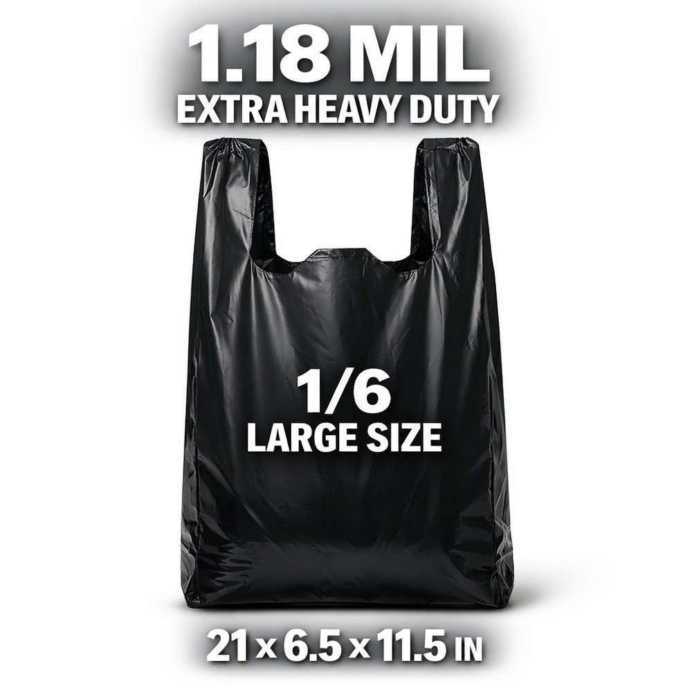 Extra Heavy Duty Black T-Shirt Bags 1/6 Size 21×6.5×11.5 1.18 Mil Grocery Bags