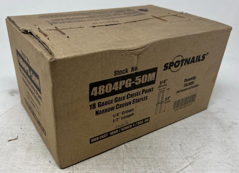 SPOTNAILS 4804PG-50M 1/2″ Narrow Crown Staple, Galv., 1 Case of 10 Boxes