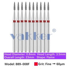 Vakker 10pc Dental Flame FG Diamond Burs 889-008F Fine Grit Friction Grip Bur