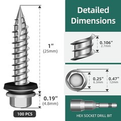 100Pcs x 1 Inch Hex Head Metal Roofing Screws, Hex Head Metal Roof Screws wit…