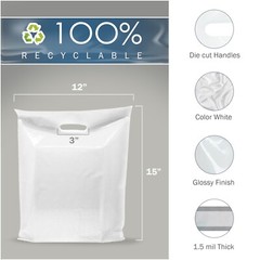 100 Pack 12″ x 15″with 1.5 mil Thick – White Merchandise Plastic Shopping Bags
