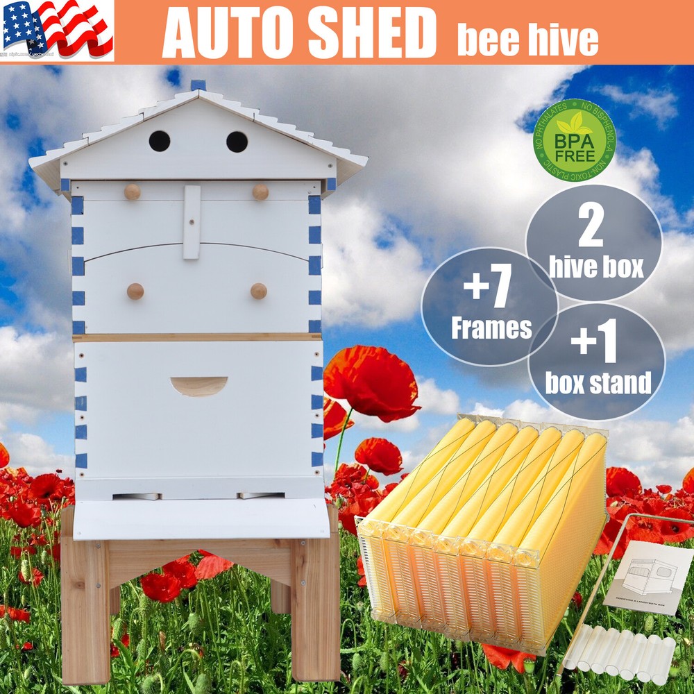 7x Upgraded Auto Honey Beehive Bee hive Frames + Auto Bee House + Hive Stand