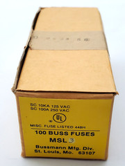 Box of 100 Bussmann MSL3 250 Volt 3 Amp Slow Blow 1/4″ x 1-1/4″ Glass Fuses