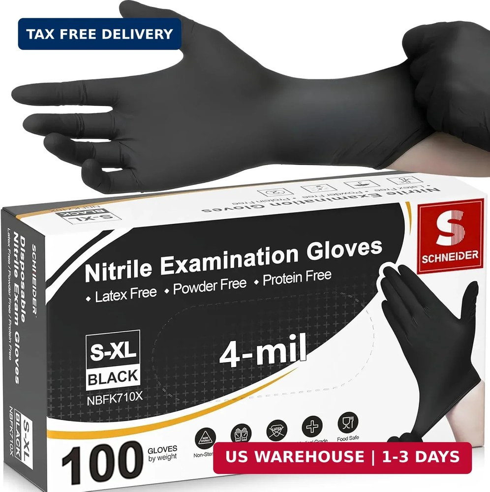 Schneider Nitrile Exam Gloves, 4 Mil Black Gloves Disposable Latex Free Powder F