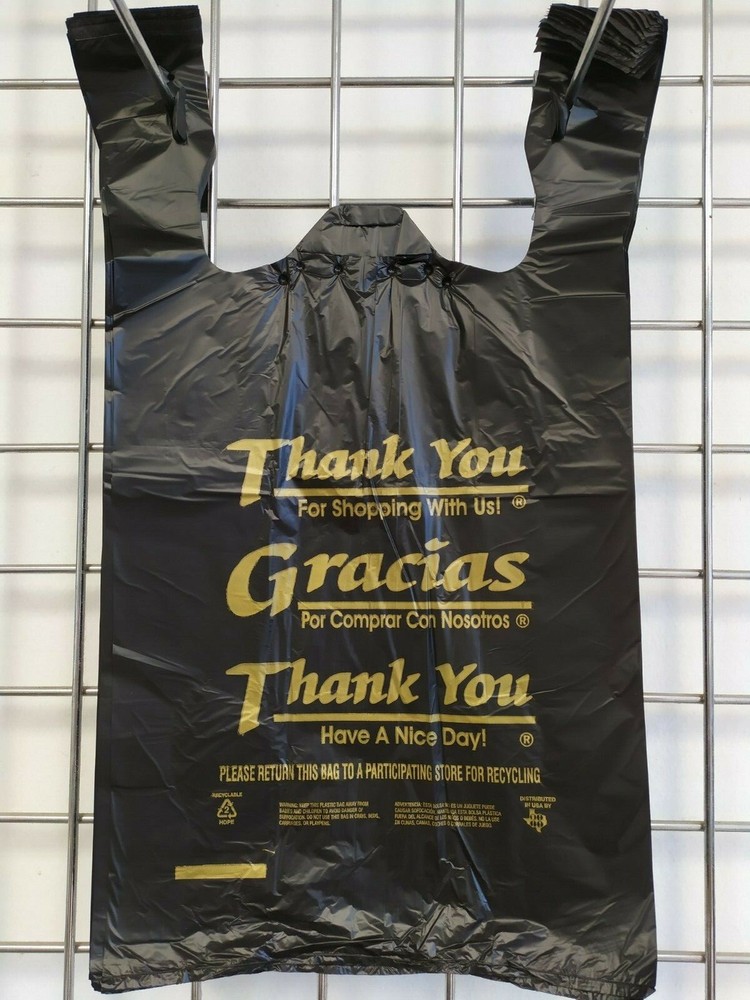 1/6 Large 21×6.5 x11.5 BLACK Thank You T-Shirt Plastic Grocery Shopping Bags 100