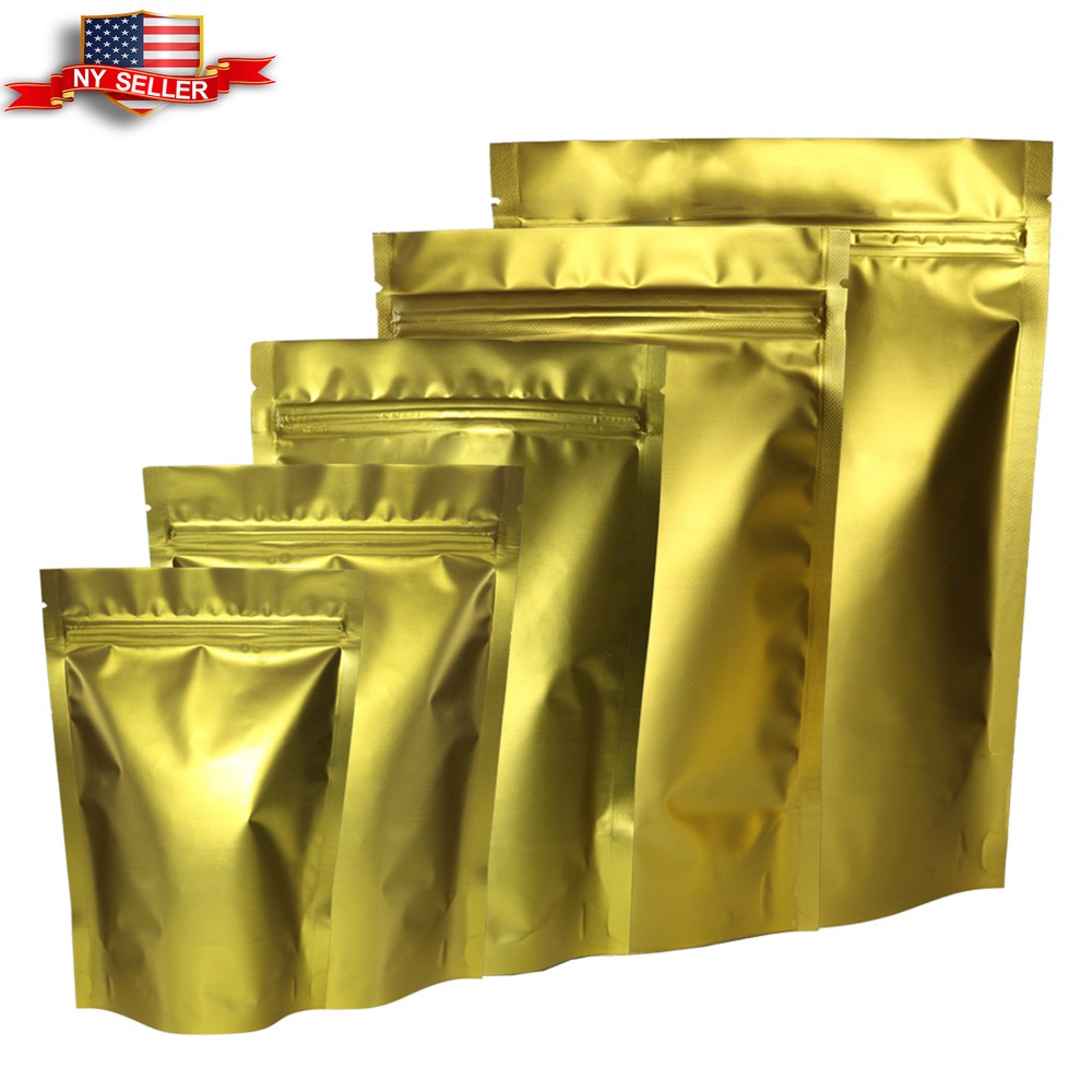 Variety of Sizes for 100pcs Matte Gold Metallized Foil Stand-Up Zipper Bags