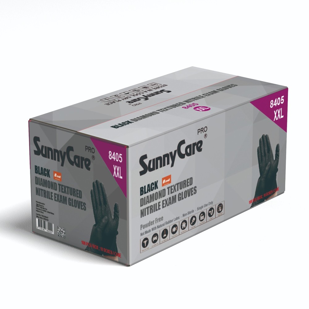 1000 SunnyCare® 8Mil Black Diamond Textured Nitrile Exam Gloves Powder Free XXL