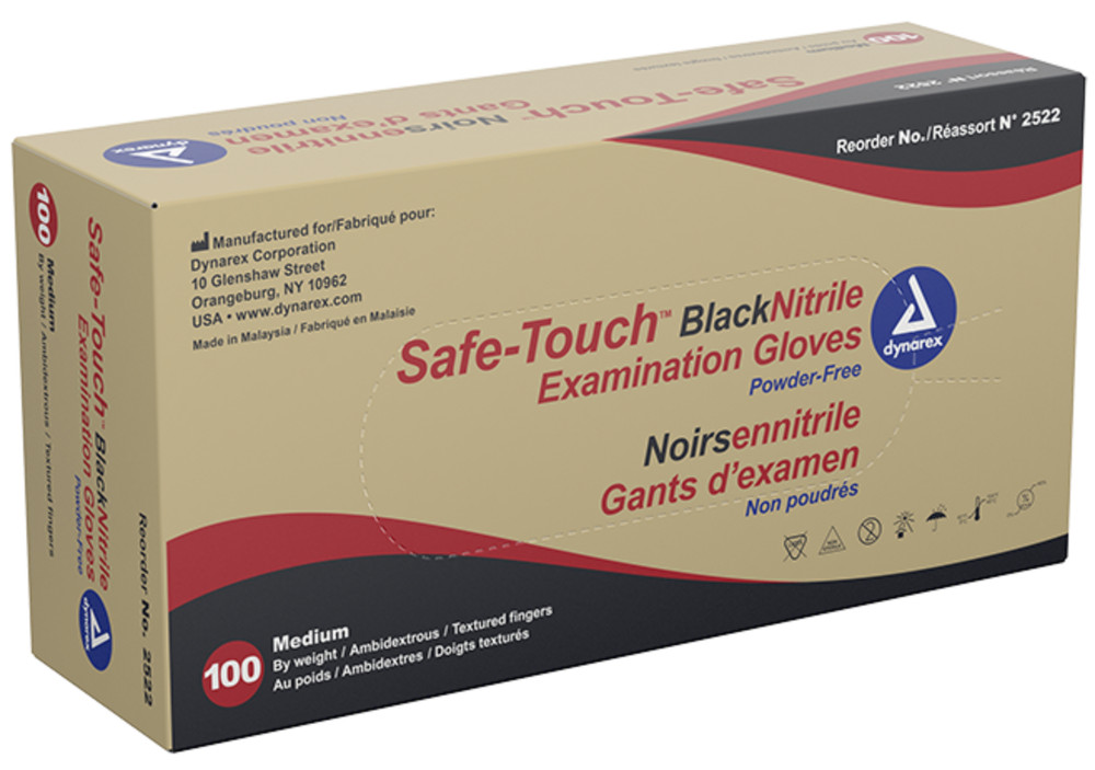 Dynarex Safe-Touch Black Nitrile Exam Gloves, Powder Free, Medium – Box of 100