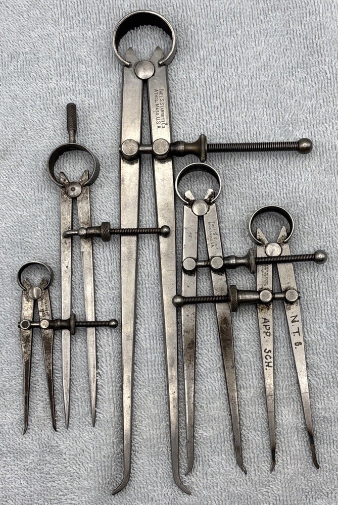 Lot of 5, Vintage, Spring Dividers, 3 L.S. Starrett, 1 Lufkin, 1 Unknown.