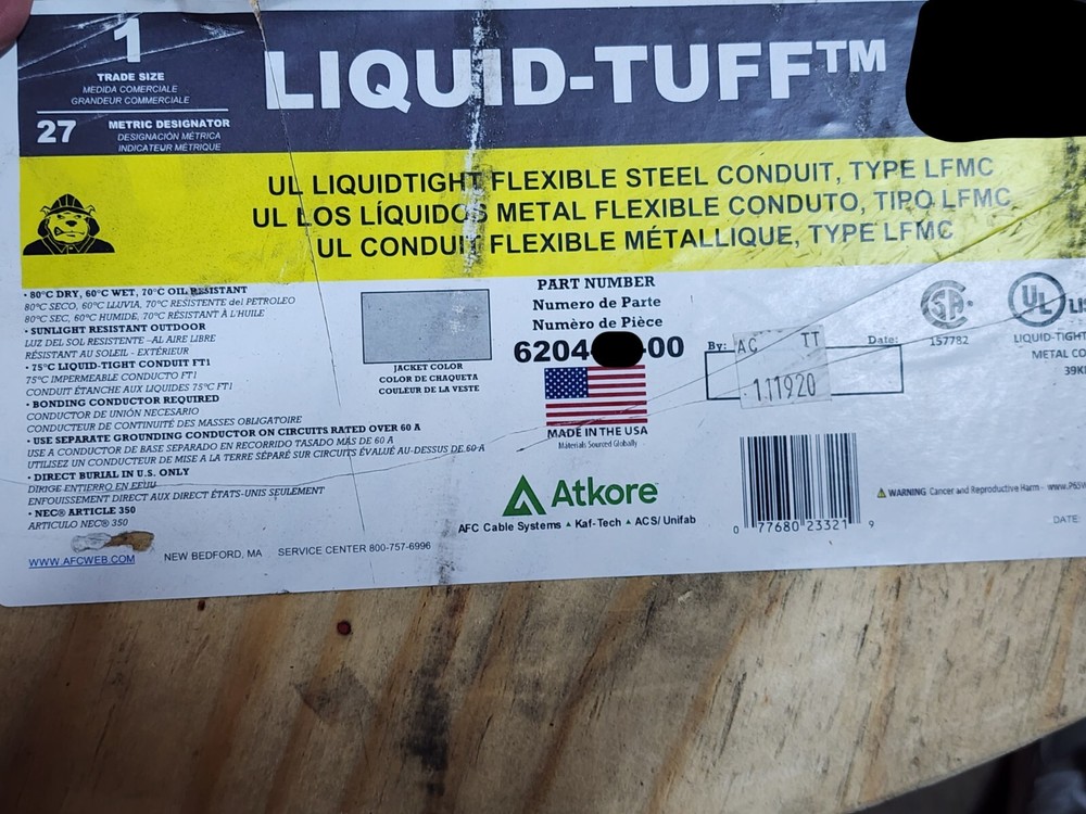 Atkore AFC 6204 1″ Liquid-Tuff LFMC Liquidtight Flexible Metallic Conduit /5ft