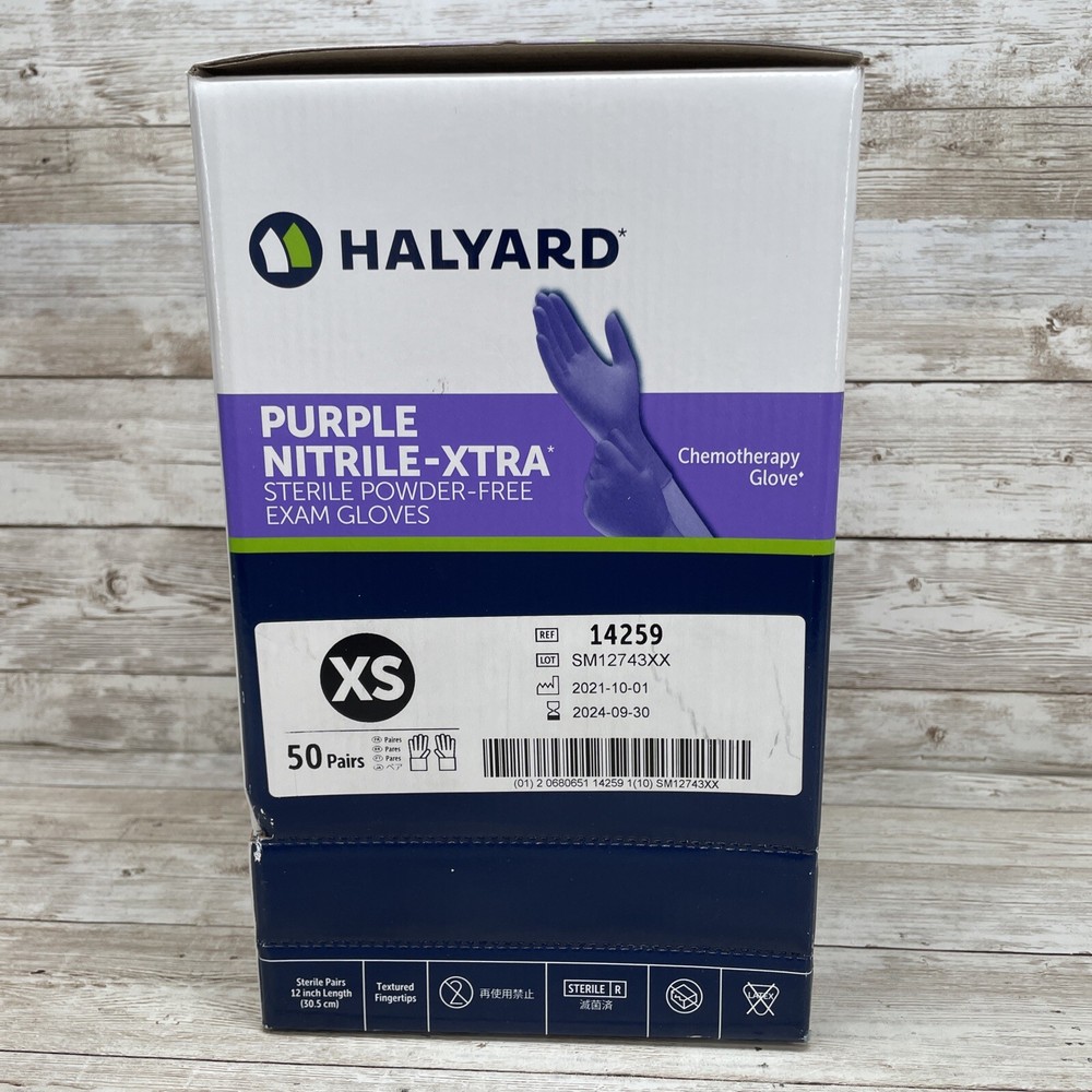 1 Box Halyard Purple Nitrile-XTRA STERILE Exam Gloves Size: XSmall Exp: 9/24