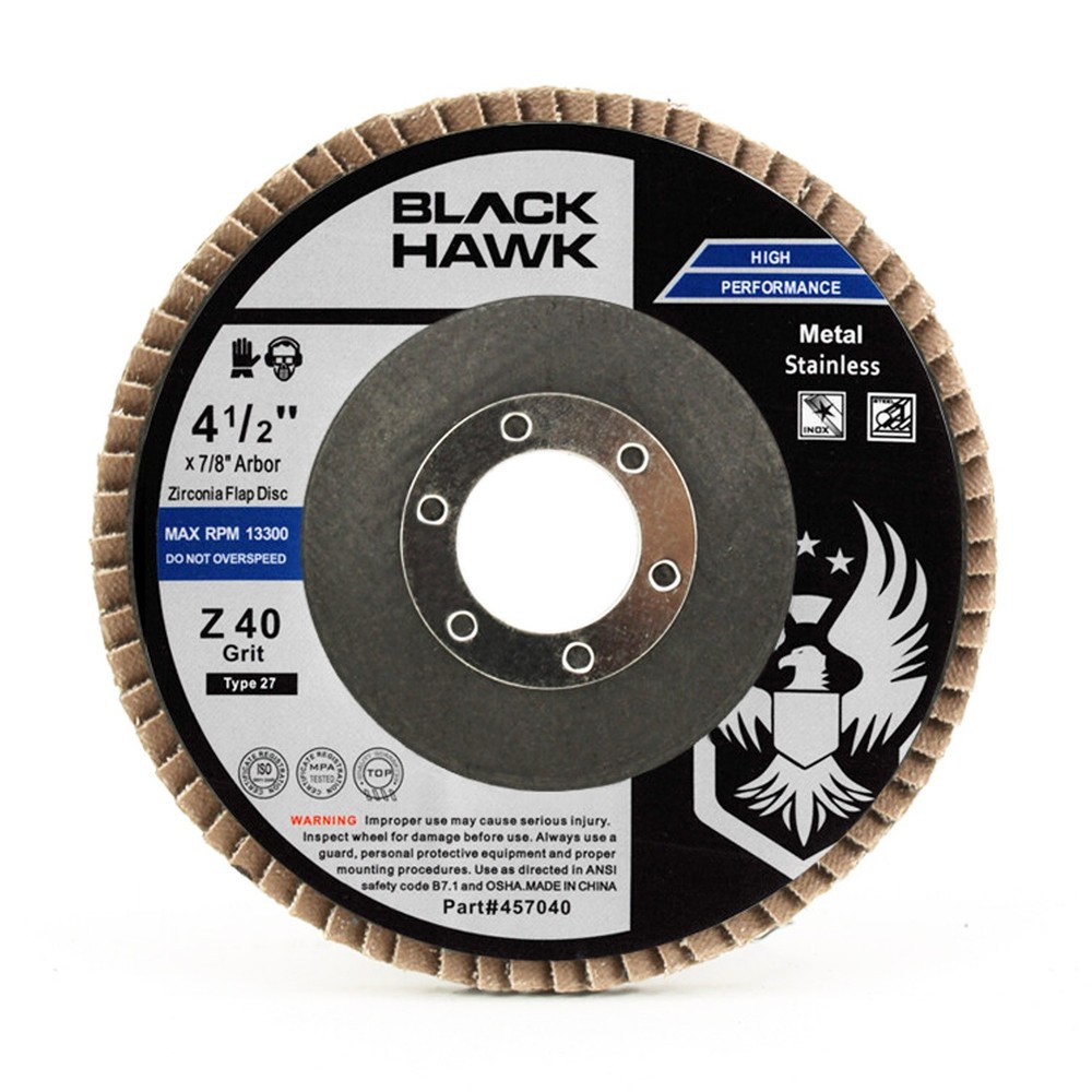 100 Pack 4.5″ x 7/8″ Black Hawk 40 Grit Zirconia Flap Disc Grinding Wheels T27