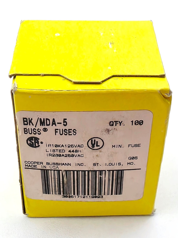 Box of 100 Bussmann MDA5 250 Volt 5 Amp Slow Blow Ceramic Fuses 1/4″ x 1-1/4″