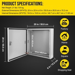 20″Lx20″Hx6″W, IP66 Steel Electrical Enclosure Box with Lock & Waterproof Seal