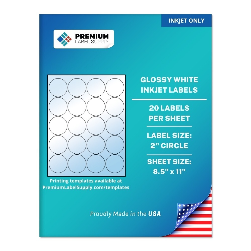 500 Premium 2″ Glossy White circle stickers / Inkjet Only Labels 20 per sheet
