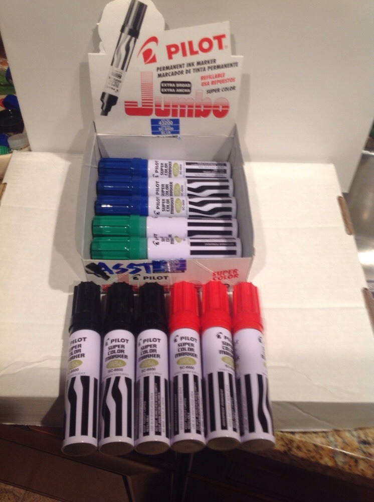 Pilot SC-6600 Jumbo Permanent Markers Assorted Colors (3-BK,3-RD,3-GR,3-BL)-12PK