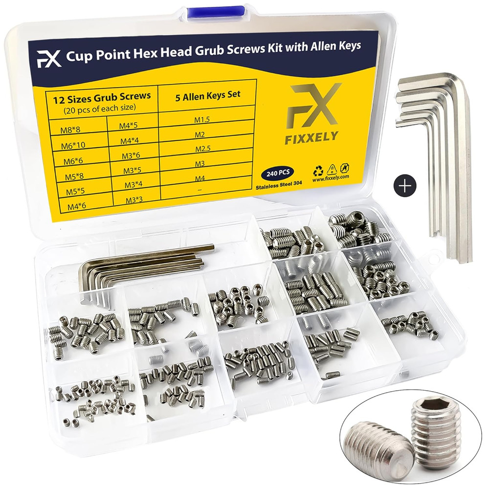 240Pcs Stainless Steel Allen Head Socket Hex Set Grub Screw Assortment Cup Point