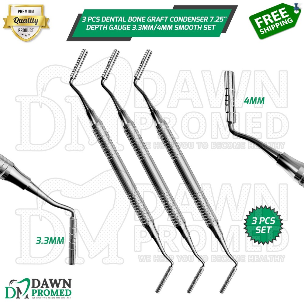 3 Pcs Dental Bone Graft Condenser Plugger 7.25″ Depth Gauge 3.3MM/4MM Smooth Set