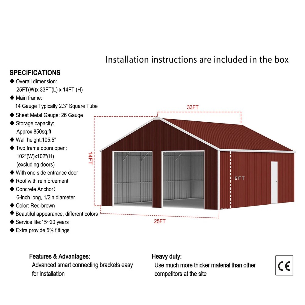 33′ x 25′ x 14′ Metal Car Garage/Outdoor Storage Shed/Heavy-Duty Steel Barn