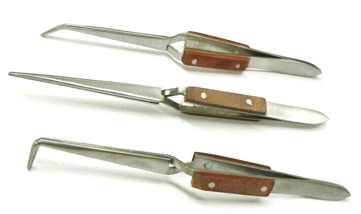 Fiber Grip Cross Lock Tweezers Self Closing 6″ Set – Curved + 90° + Straight Tip