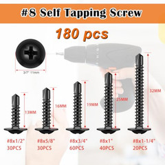 180pcs #8 Self Tapping Screws for Metal, Sheet Metal Screws, 410 Stainless Steel