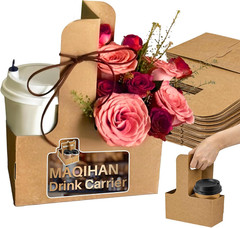 MAQIHAN 2 Cup Drink Carrier with Handle – 12Pcs Disposable Paper Cardboard Coffe