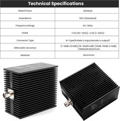 200W N-Type 60dB Attenuator DC to 3GHz 50 Ohms, Precision Adjustable Signal Loss